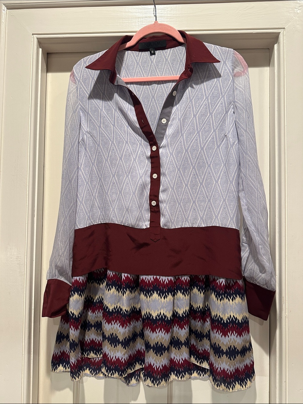 Woven Pattern Long-Sleeve Dress with Burgundy Trim
